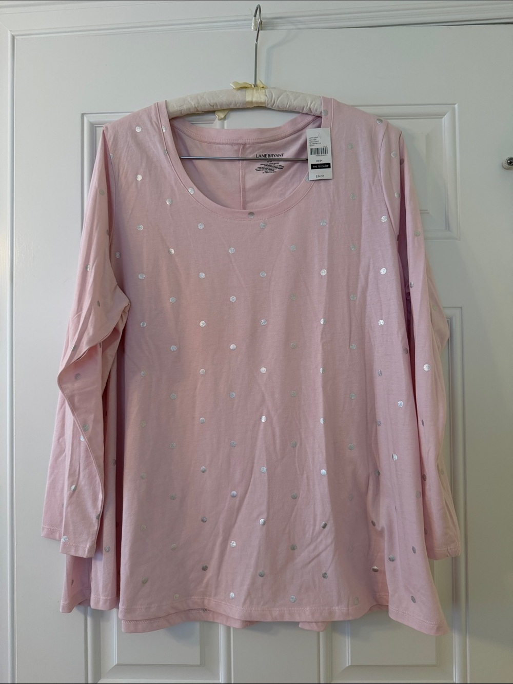 Lane Bryant Light Pink Long Sleeve Scoop Neck Top with Silver Dot Detail